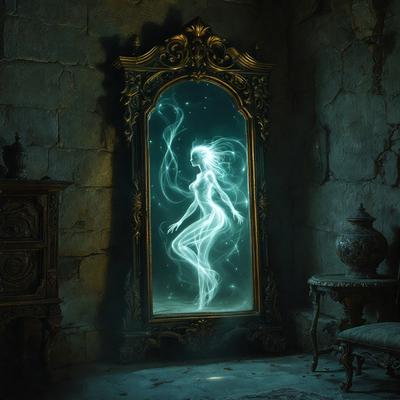 The primary subject of the image is a mirror with a ghostly figure of a woman in it. The setting is a dark room, and the visual style appears to be a combination of a photo and digital art. The colors and mood of the image are predominantly dark and mysterious, with the ghostly figure adding an eerie atmosphere.